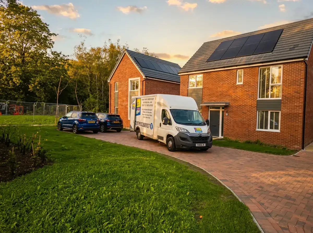 The Twiggy’s Removals van on a brick driveway outside a new-build house