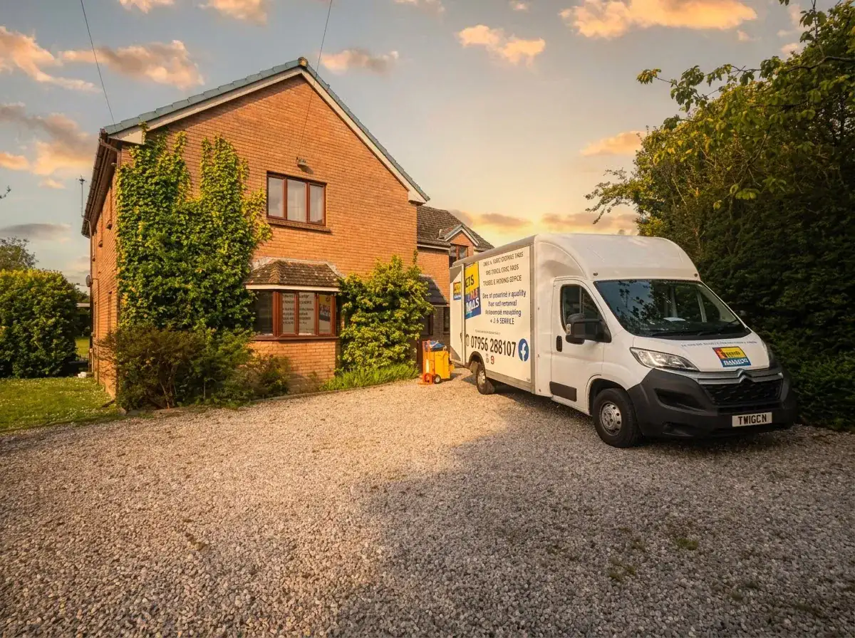 The Twiggy’s Removals van on a gravel drive beside a red-brick house