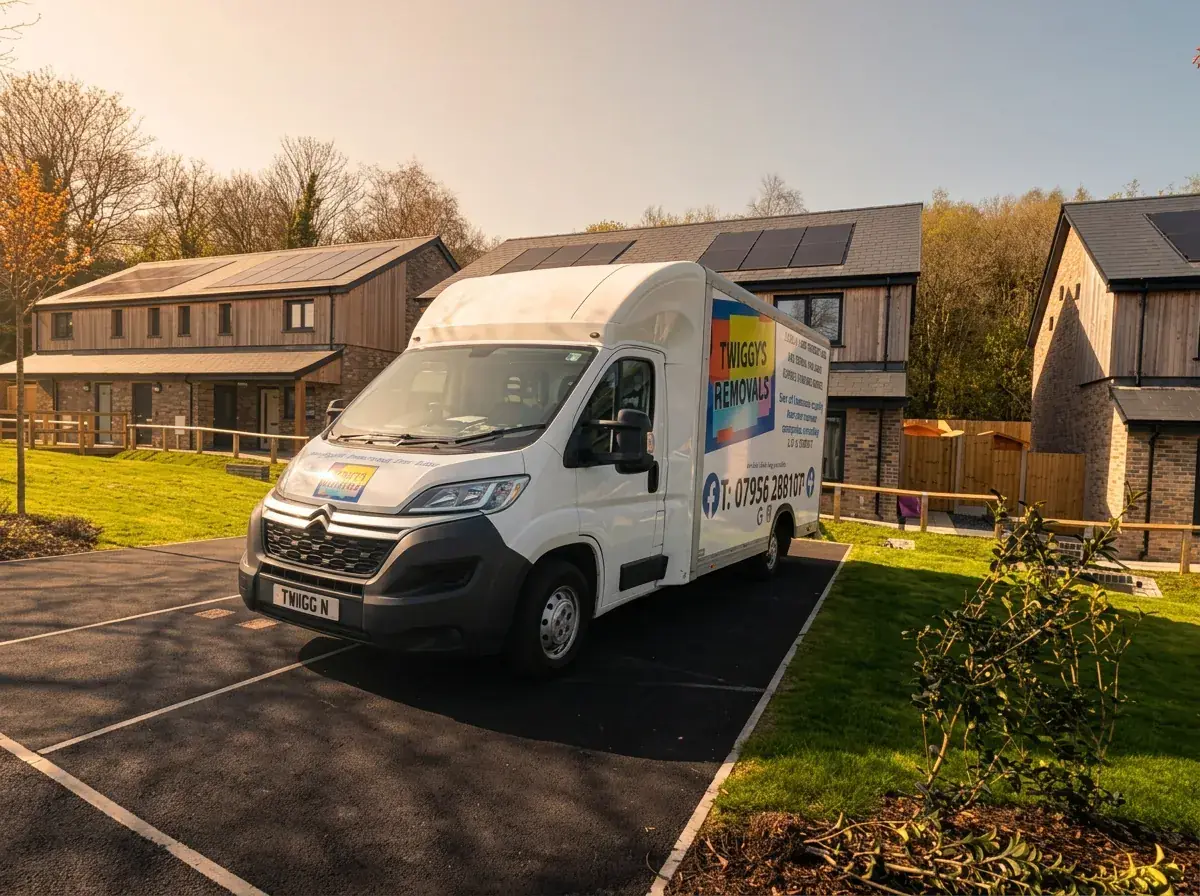 The Twiggy’s Removals van parked outside timber-clad new-build homes